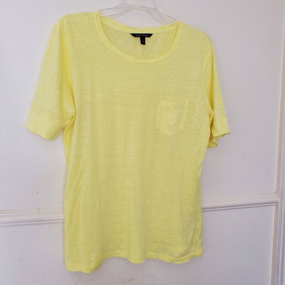 Banana‎ Republic Linen Top Pocket Womens Size L Yellow Crew Neck Short Sleeves
